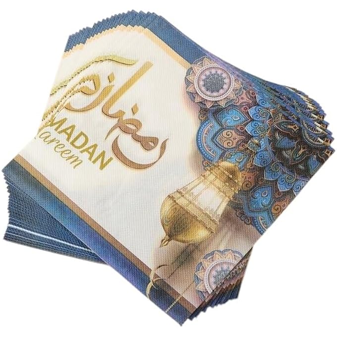 1 PACK OF RAMADAN KAREEM PAPER NAPKINS 20PCS, GOLDEN PURPLE BLUE FESTIVE HOLY MONTH TABLEWARE DISPOSABLE TISSUES FOR IFTAR PARTY TABLE SETTING DECORATION EVENT DINNER (BLUE) - Image 1